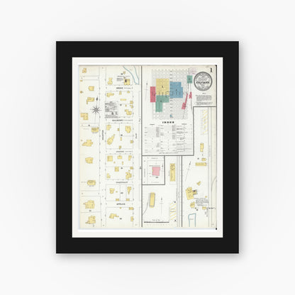 Old map wall art mockup — black gallery frame with white mat — Sanborn Fire Insurance Map from Kaufman, Kaufman County, Texas (1905), Sheet #0001