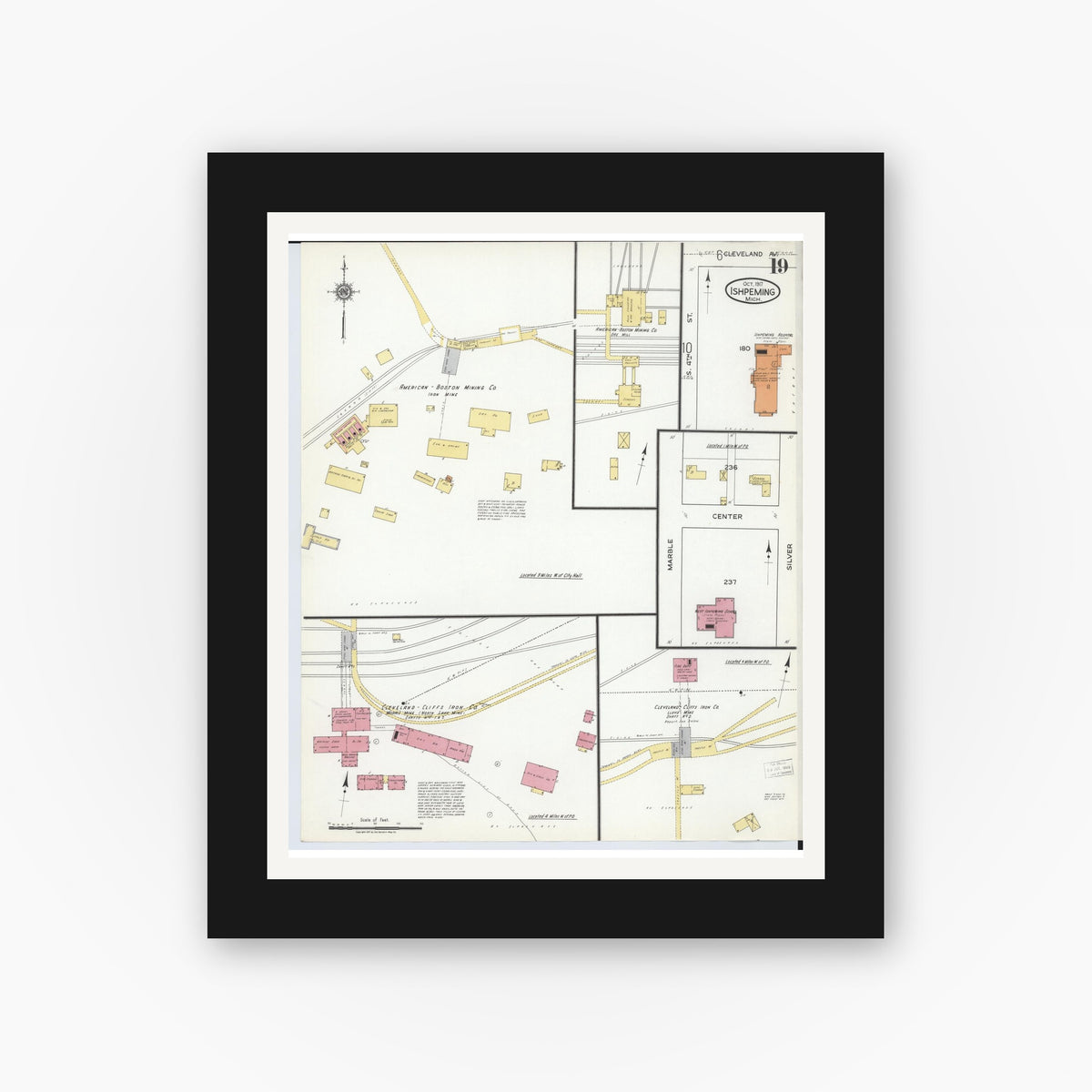 Old map wall art mockup — black gallery frame with white mat — Sanborn Fire Insurance Map from Ishpeming, Marquette County, Michigan (1917), Sheet #0019