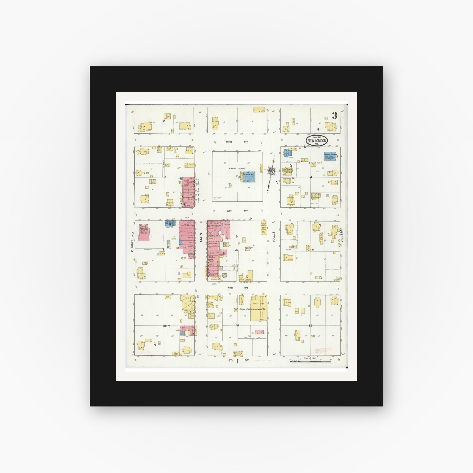 Old map wall art mockup — black gallery frame with white mat — Sanborn Fire Insurance Map from New London, Ralls County, Missouri (1917), Sheet #0003