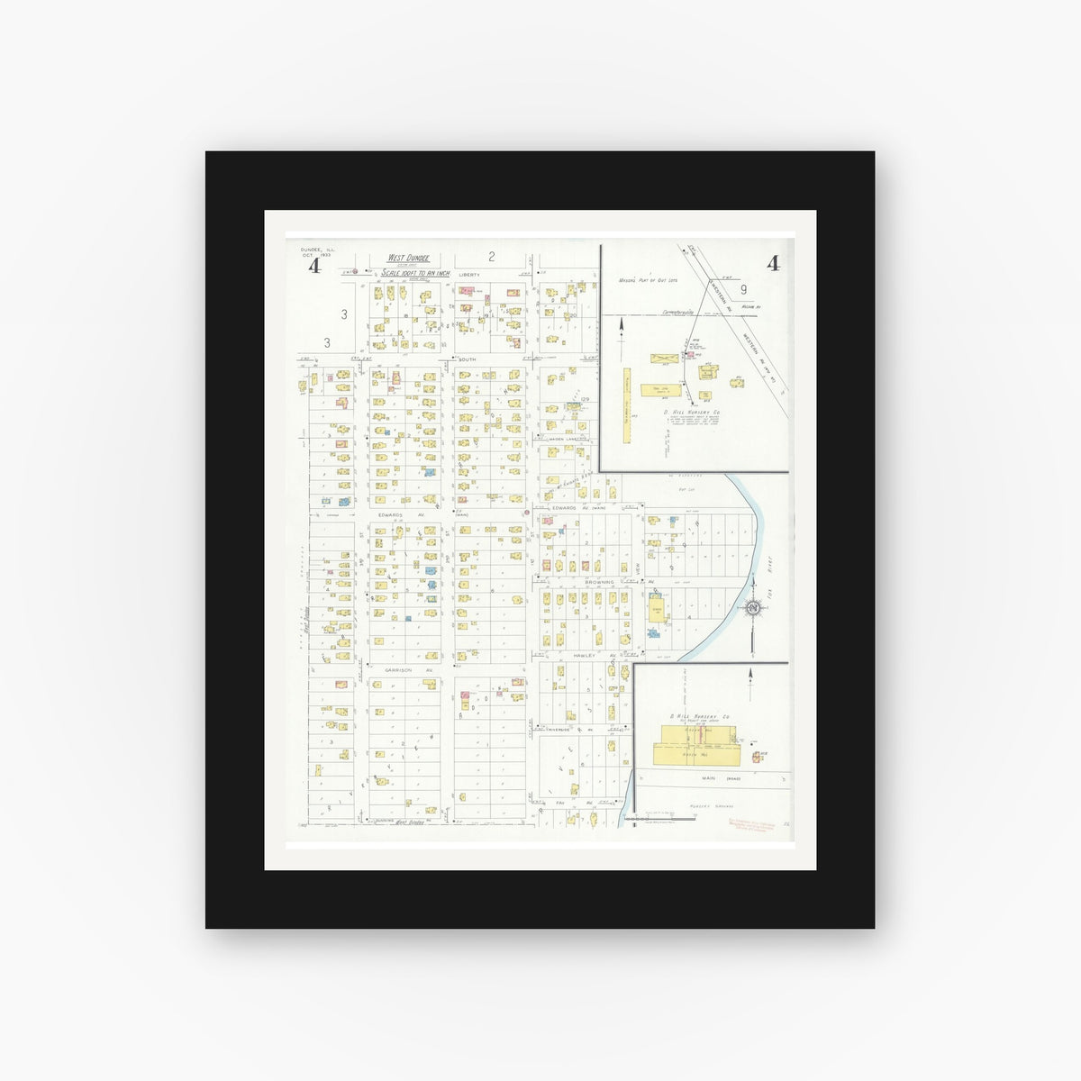Old map wall art mockup — black gallery frame with white mat — Sanborn Fire Insurance Map from Dundee, Kane County, Illinois (1933), Sheet #0004