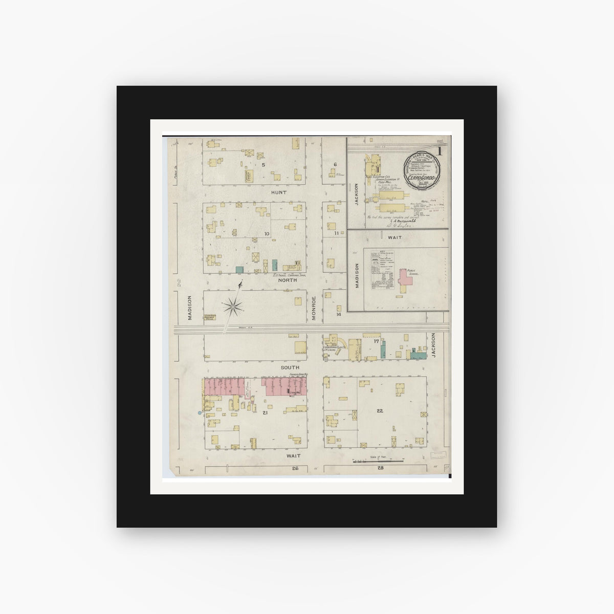 Old map wall art mockup — black gallery frame with white mat — Sanborn Fire Insurance Map from Cerro Gordo, Piatt County, Illinois (1893), Sheet #0001