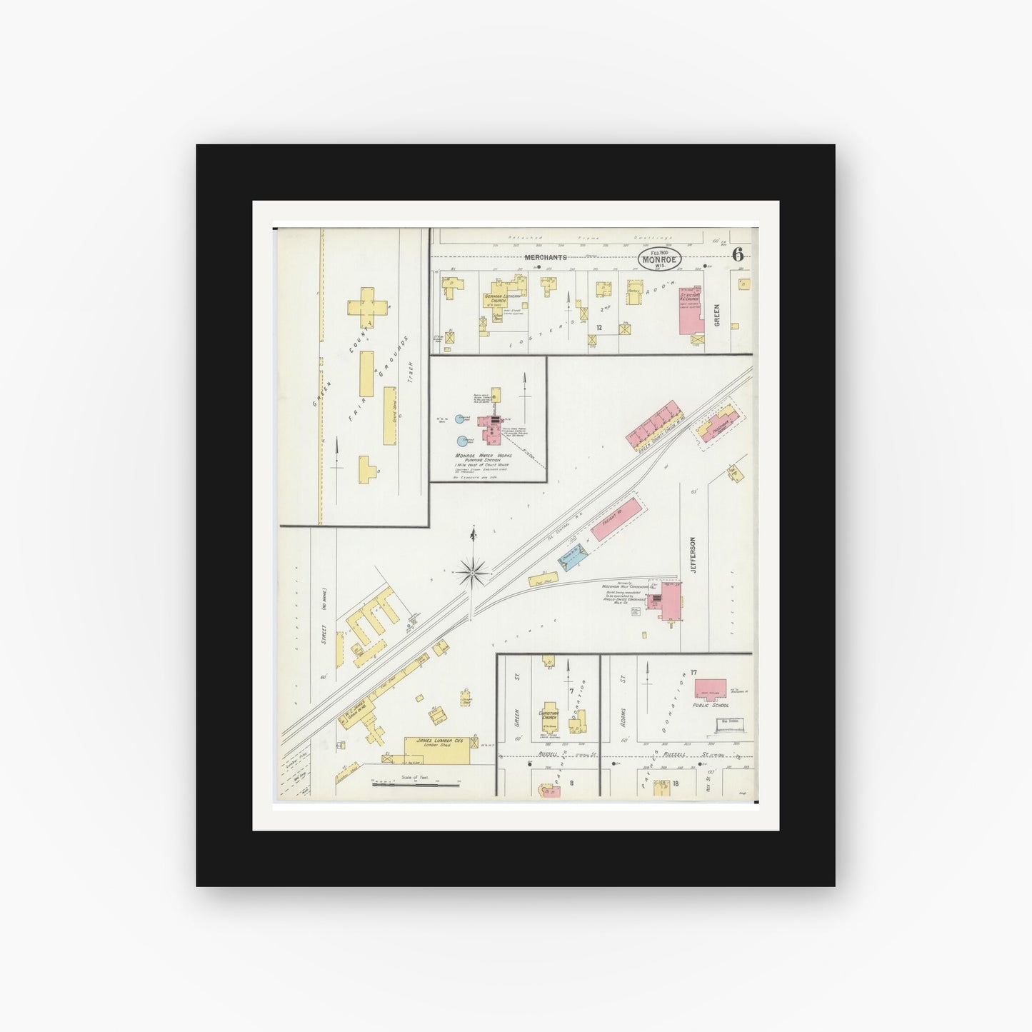Old map wall art mockup — black gallery frame with white mat — Sanborn Fire Insurance Map from Monroe, Green County, Wisconsin (1900), Sheet #0006