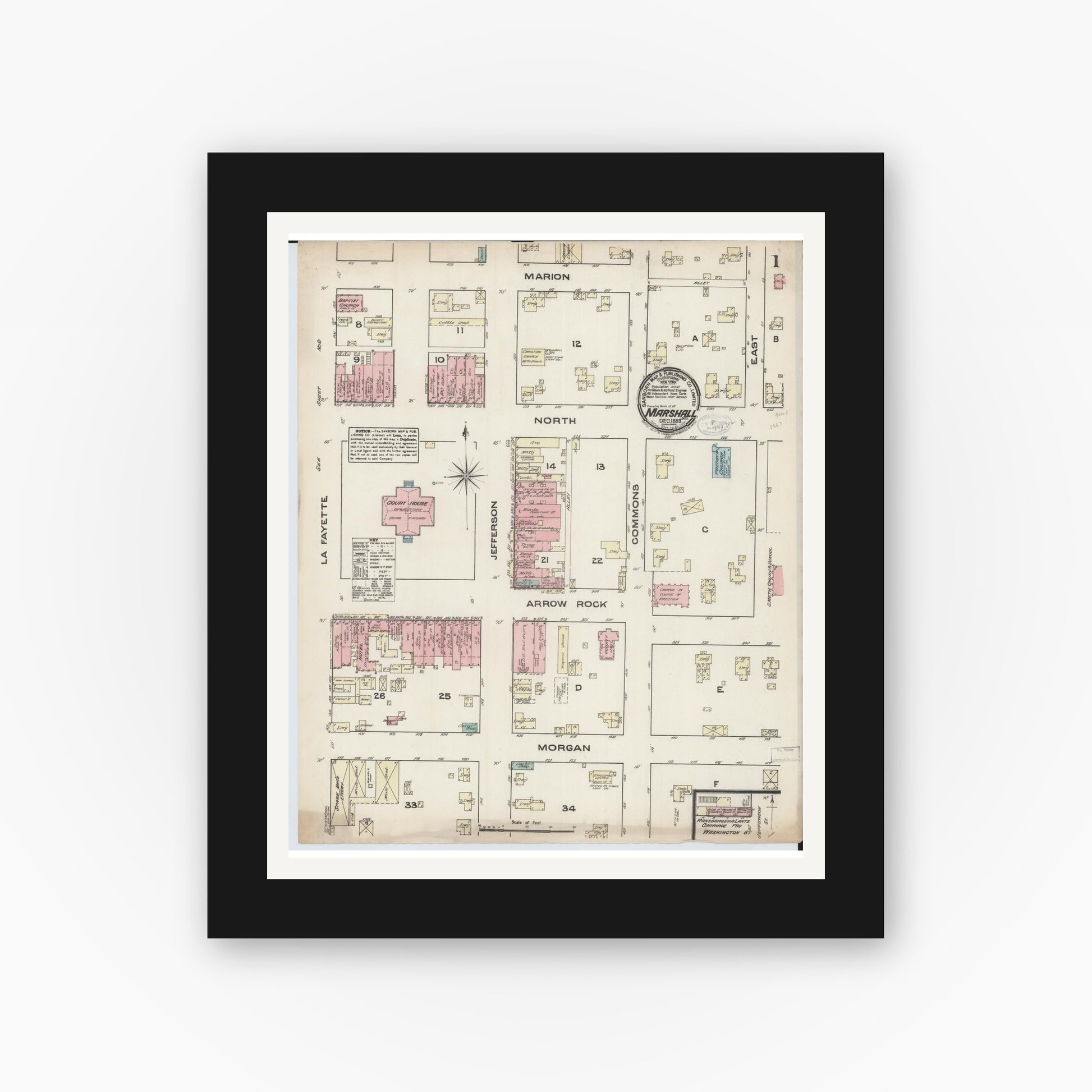 Old map wall art mockup — black gallery frame with white mat — Sanborn Fire Insurance Map from Marshall, Saline County, Missouri (1883), Sheet #0001