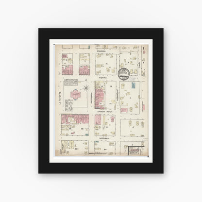 Old map wall art mockup — black gallery frame with white mat — Sanborn Fire Insurance Map from Marshall, Saline County, Missouri (1883), Sheet #0001