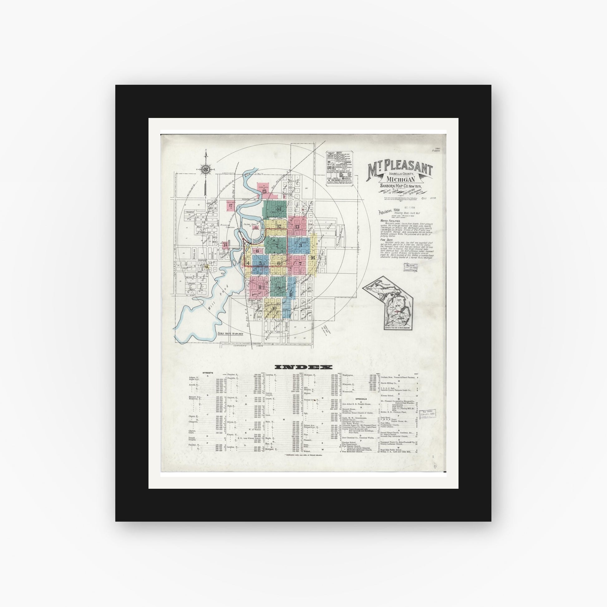 Old map wall art mockup — black gallery frame with white mat — Sanborn Fire Insurance Map from Mount Pleasant, Isabella County, Michigan (1924) - Complete Map Set