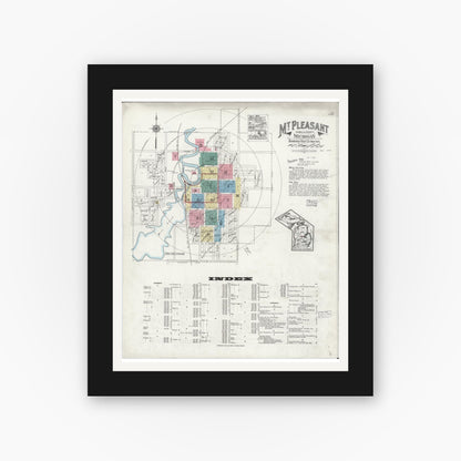 Old map wall art mockup — black gallery frame with white mat — Sanborn Fire Insurance Map from Mount Pleasant, Isabella County, Michigan (1924) - Complete Map Set