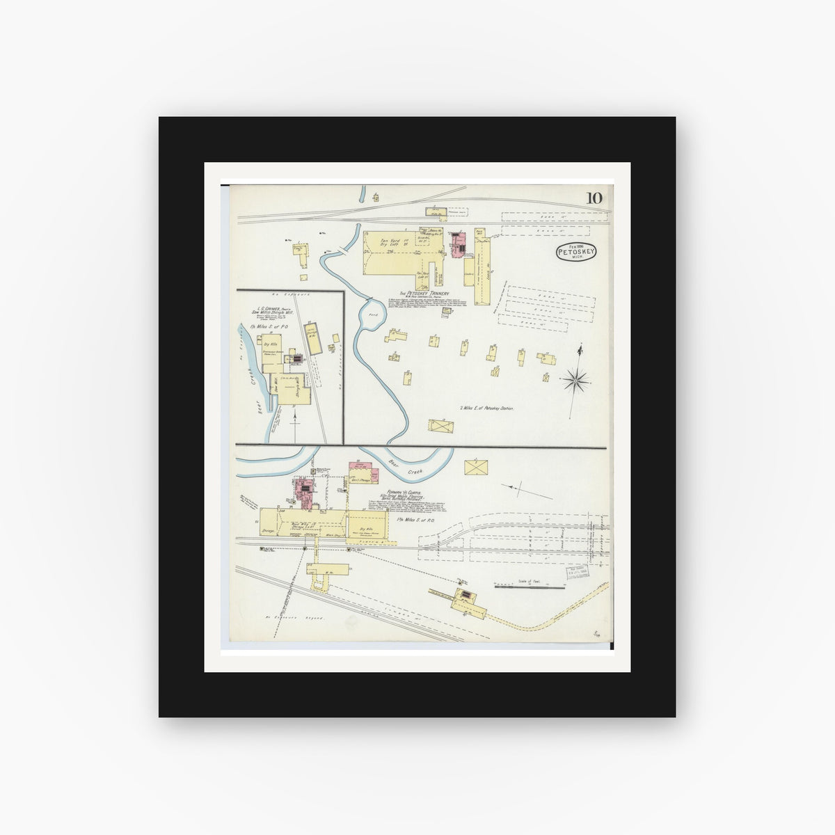Old map wall art mockup — black gallery frame with white mat — Sanborn Fire Insurance Map from Petoskey, Emmet County, Michigan (1896), Sheet #0010