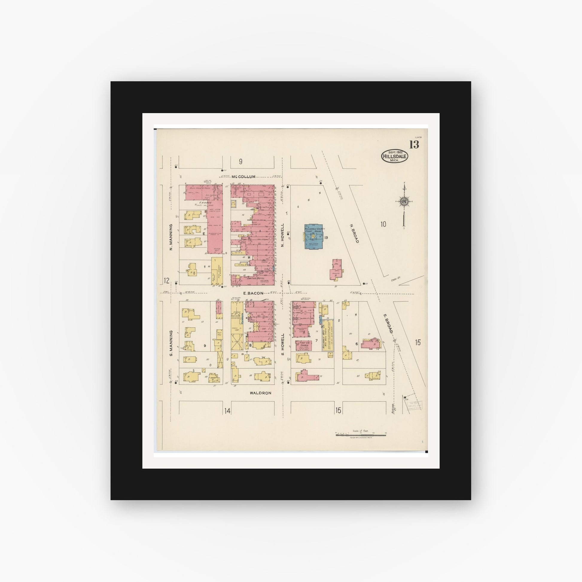 Old map wall art mockup — black gallery frame with white mat — Sanborn Fire Insurance Map from Hillsdale, Hillsdale County, Michigan (1922), Sheet #0013