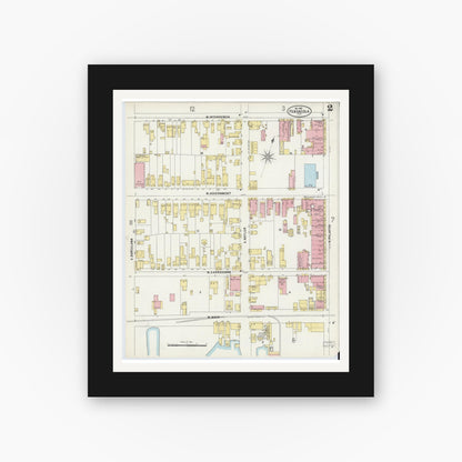Old map wall art mockup — black gallery frame with white mat — Sanborn Fire Insurance Map from Pensacola, Escambia County, Florida (1897), Sheet #0002