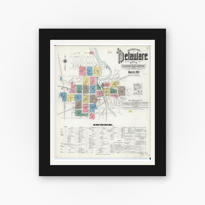 Old map wall art mockup — black gallery frame with white mat — Sanborn Fire Insurance Map from Delaware, Delaware County, Ohio (1911), Sheet #0001