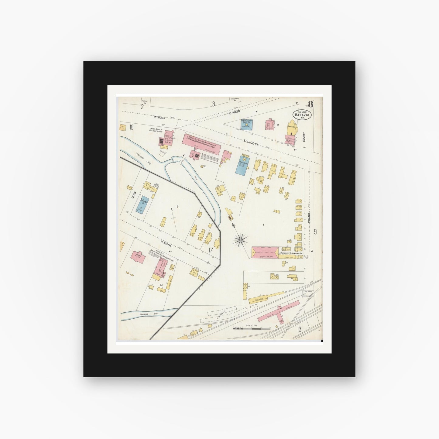 Old map wall art mockup — black gallery frame with white mat — Sanborn Fire Insurance Map from Batavia, Genesee County, New York (1901), Sheet #0008