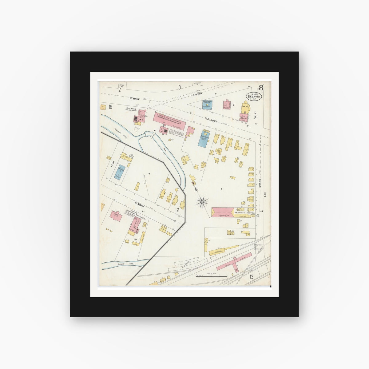 Old map wall art mockup — black gallery frame with white mat — Sanborn Fire Insurance Map from Batavia, Genesee County, New York (1901), Sheet #0008