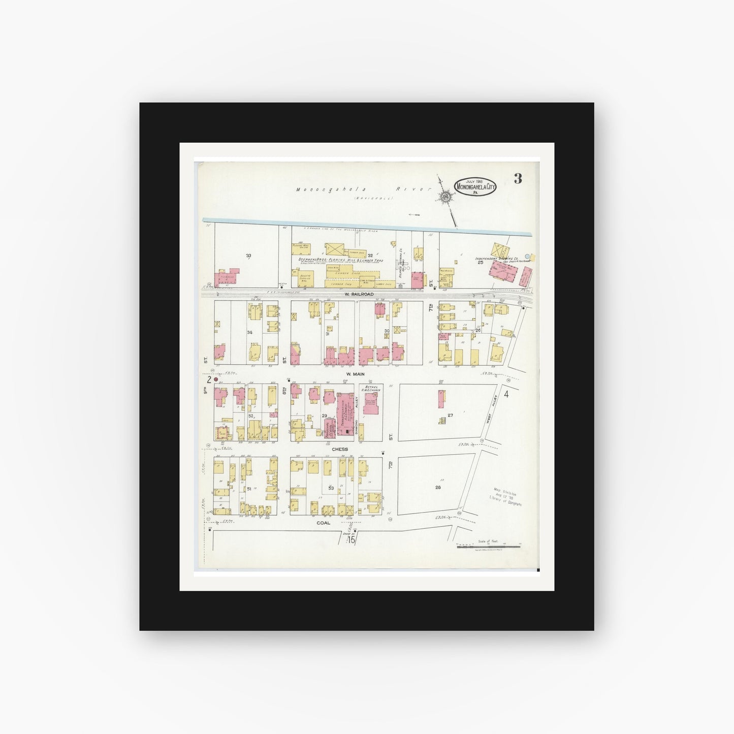 Old map wall art mockup — black gallery frame with white mat — Sanborn Fire Insurance Map from Monongahela City, Washington County, Pennsylvania (1918), Sheet #0003