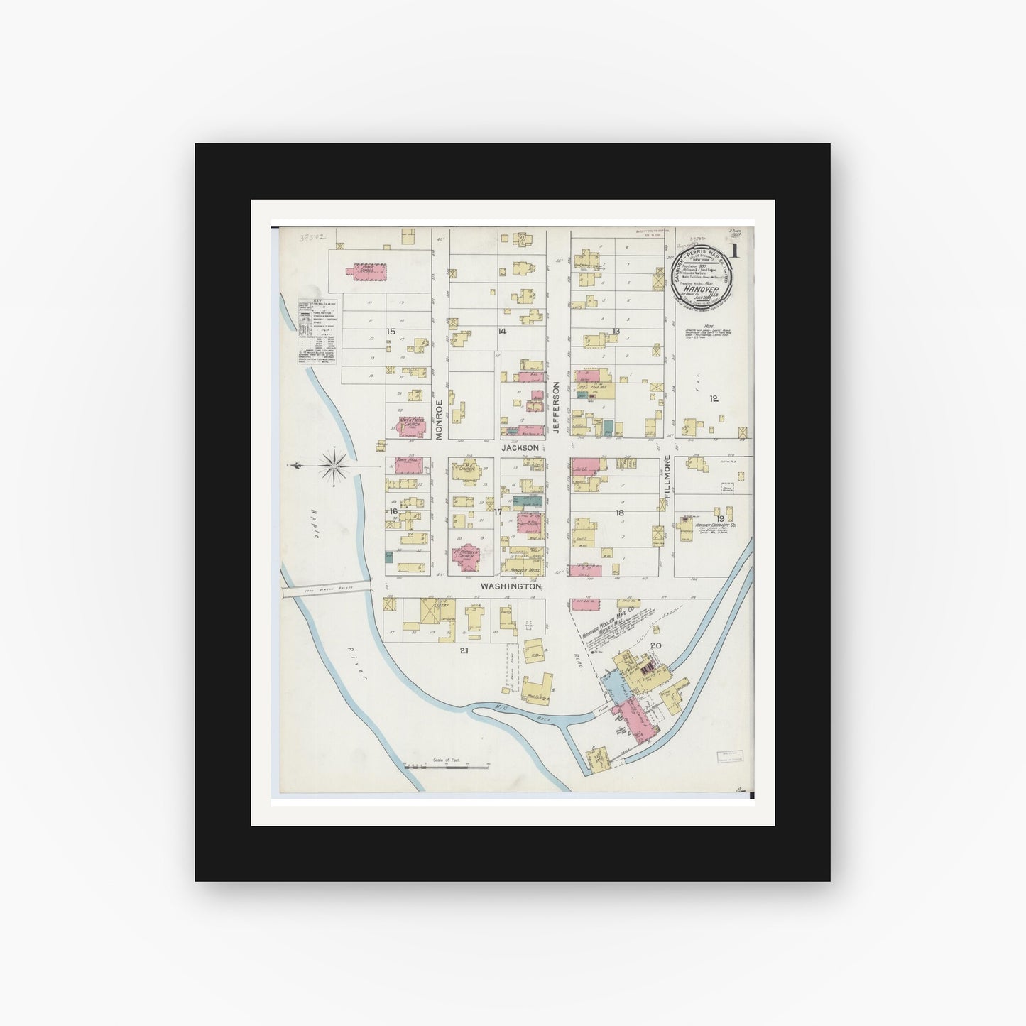 Old map wall art mockup — black gallery frame with white mat — Sanborn Fire Insurance Map from Hanover, Jo Daviess County, Illinois (1893), Sheet #0001