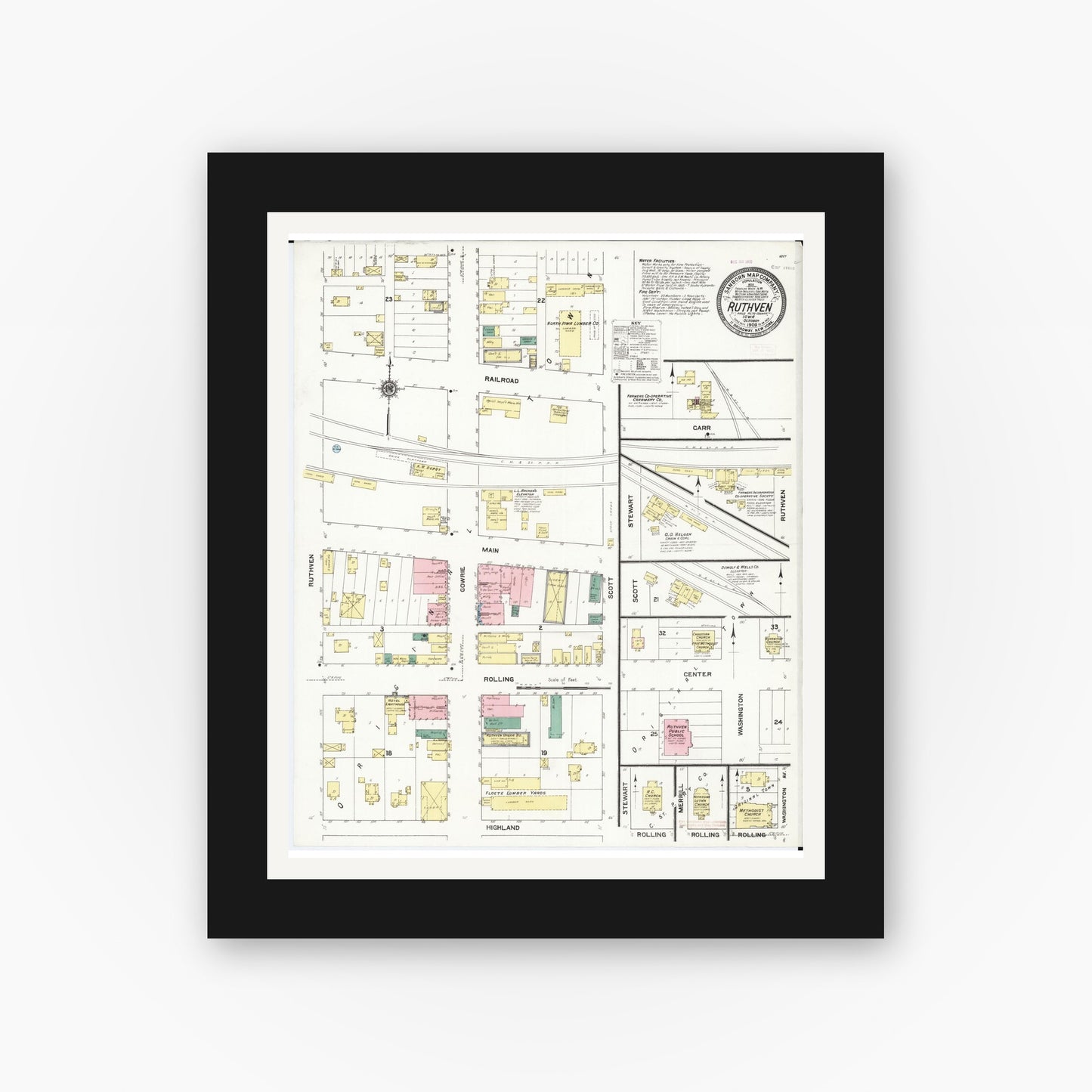 Old map wall art mockup — black gallery frame with white mat — Sanborn Fire Insurance Map from Ruthven, Palo Alto County, Iowa (1909), Sheet #0001