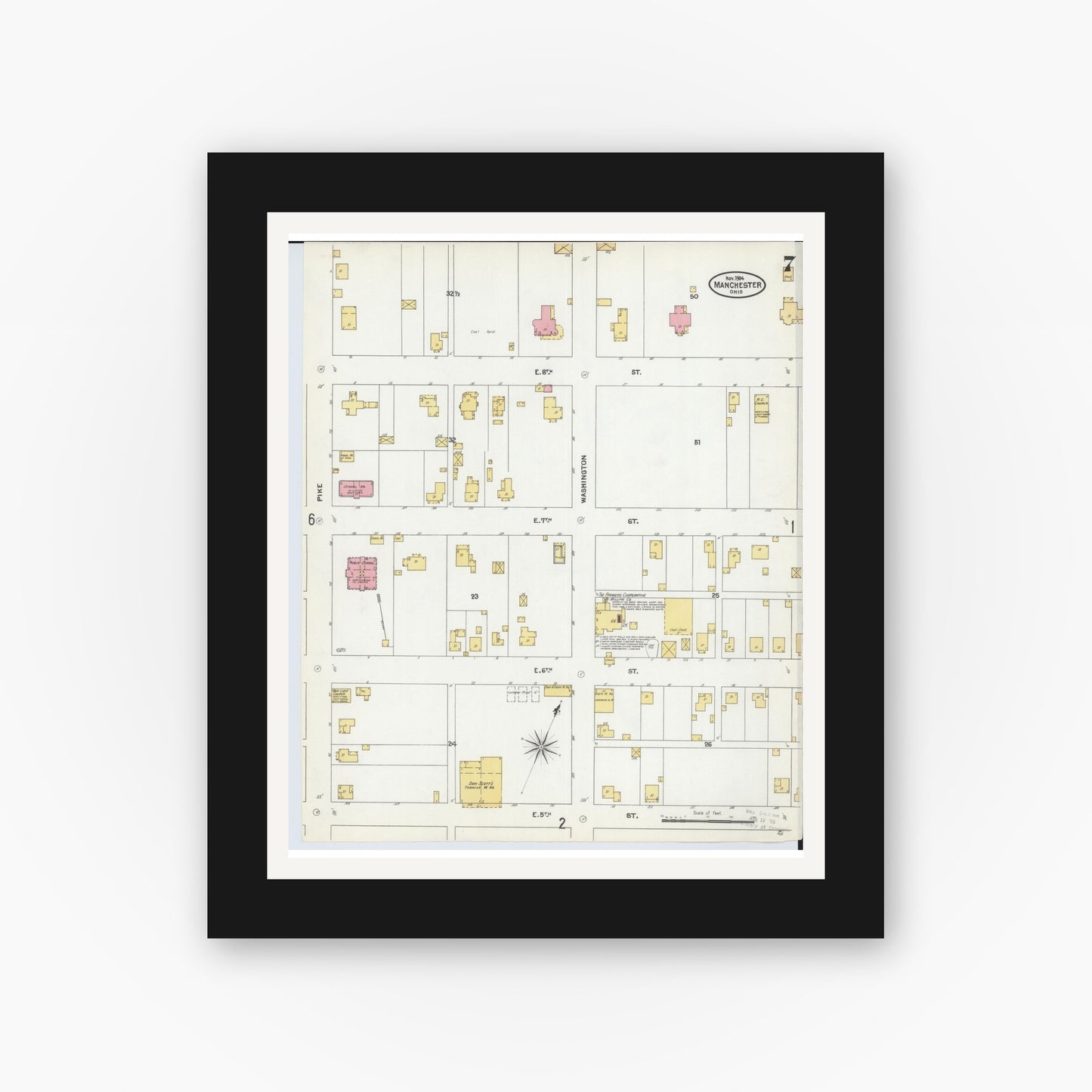 Old map wall art mockup — black gallery frame with white mat — Sanborn Fire Insurance Map from Manchester, Adams County, Ohio (1904), Sheet #0007