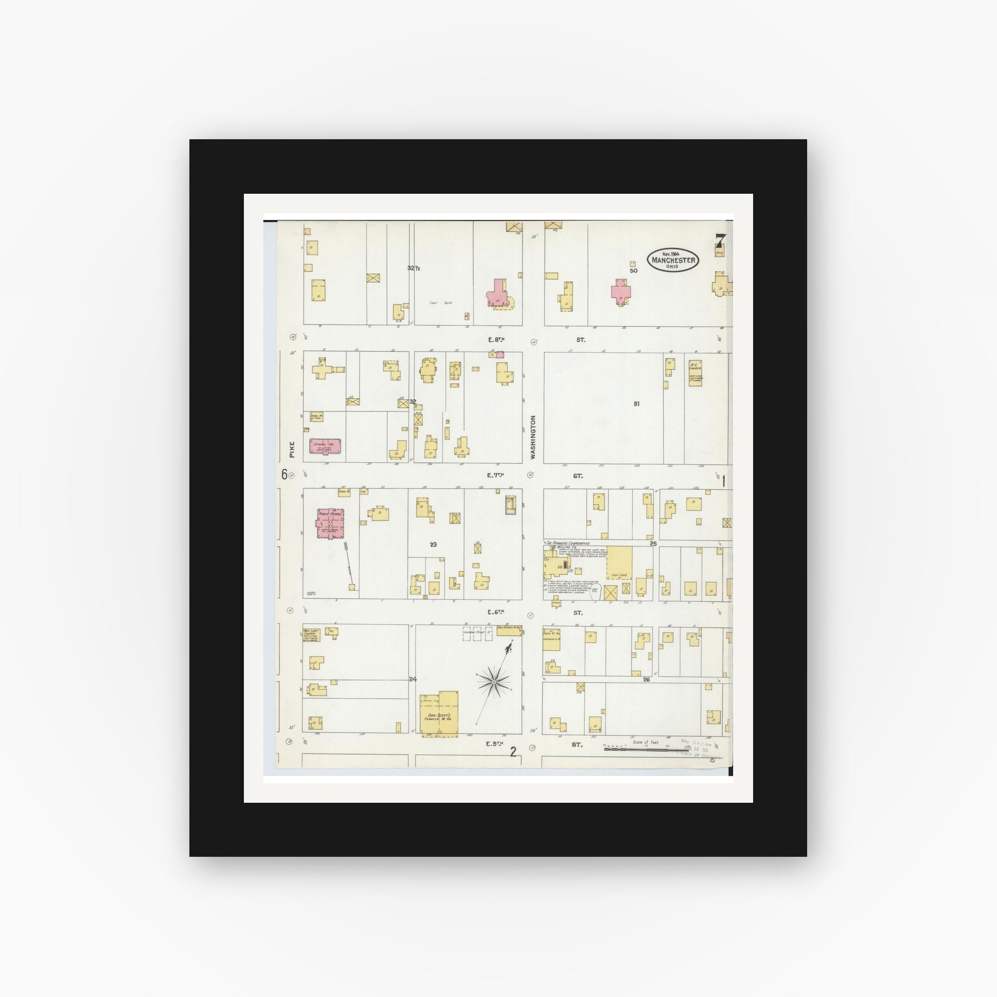 Old map wall art mockup — black gallery frame with white mat — Sanborn Fire Insurance Map from Manchester, Adams County, Ohio (1904), Sheet #0007