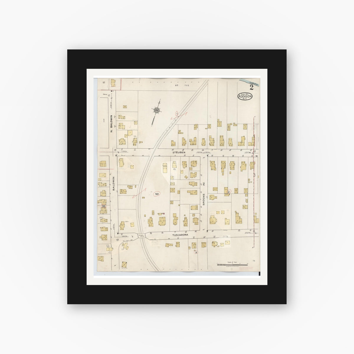 Old map wall art mockup — black gallery frame with white mat — Sanborn Fire Insurance Map from Addison, Steuben County, New York (1945), Sheet #0002