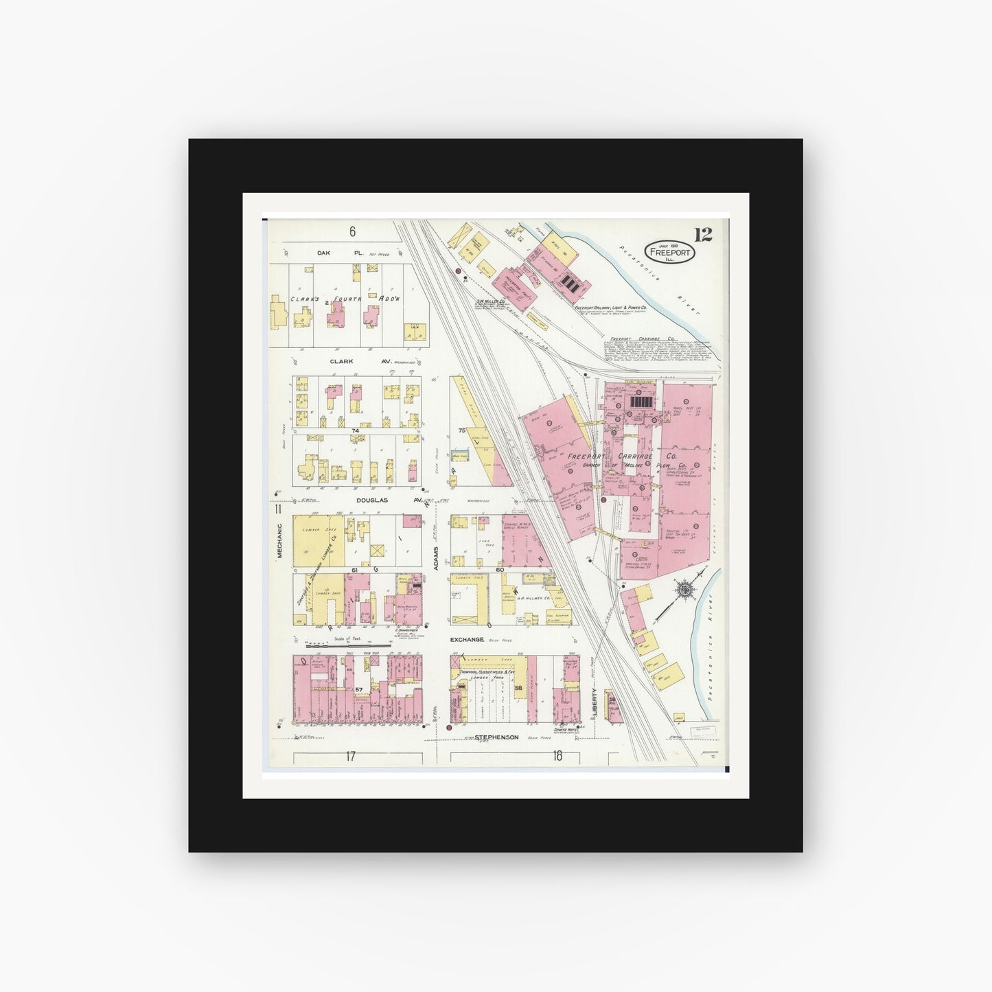 Old map wall art mockup — black gallery frame with white mat — Sanborn Fire Insurance Map from Freeport, Stephenson County, Illinois (1910), Sheet #0012