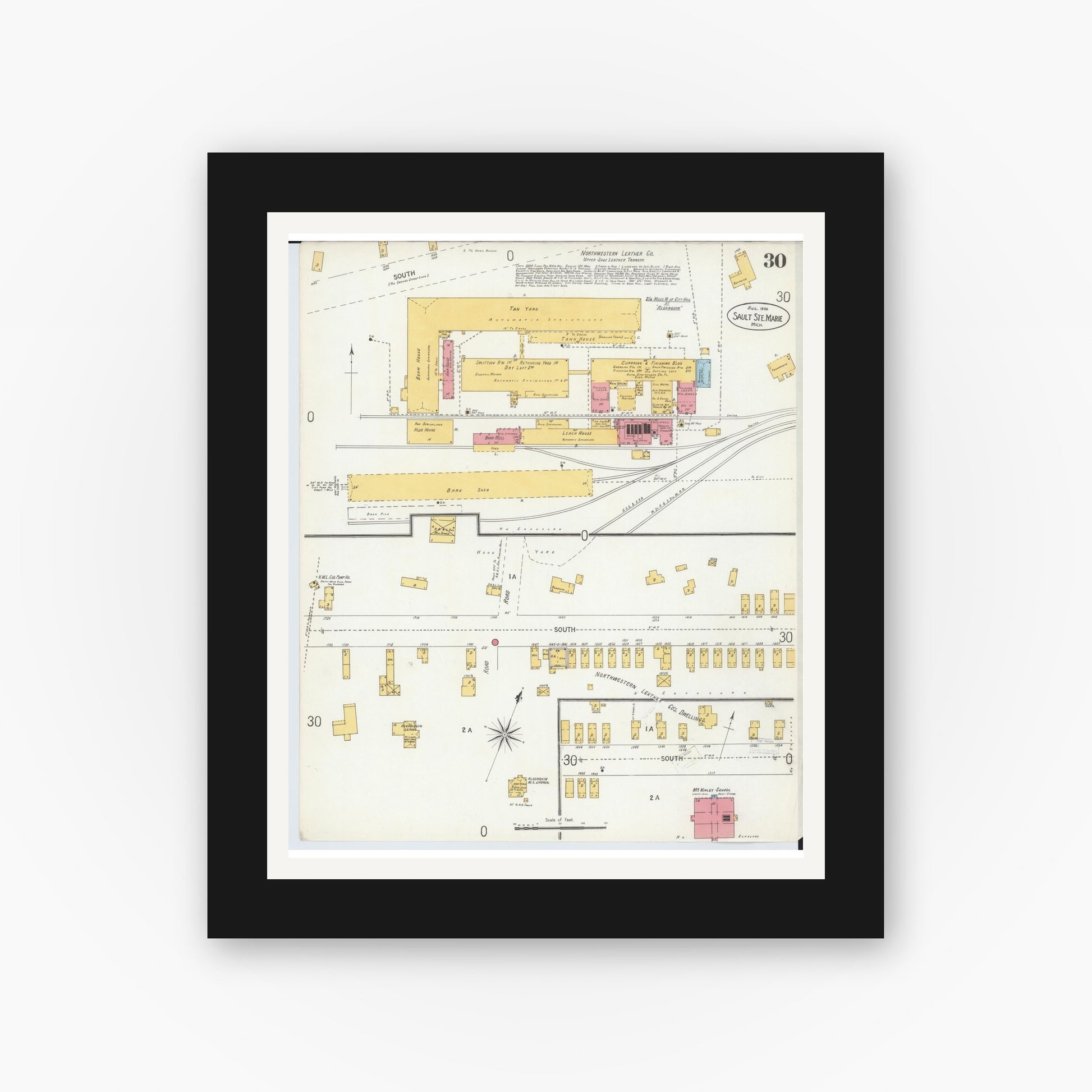 Old map wall art mockup — black gallery frame with white mat — Sanborn Fire Insurance Map from Sault Sainte Marie, Chippewa County, Michigan (1906), Sheet #0030