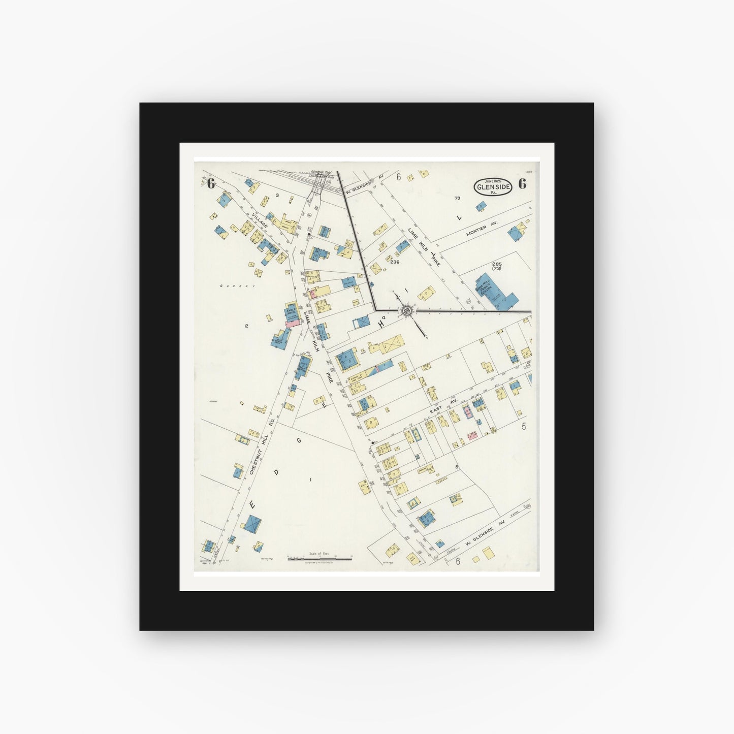 Old map wall art mockup — black gallery frame with white mat — Sanborn Fire Insurance Map from Glenside, Montgomery County, Pennsylvania (1925), Sheet #0006