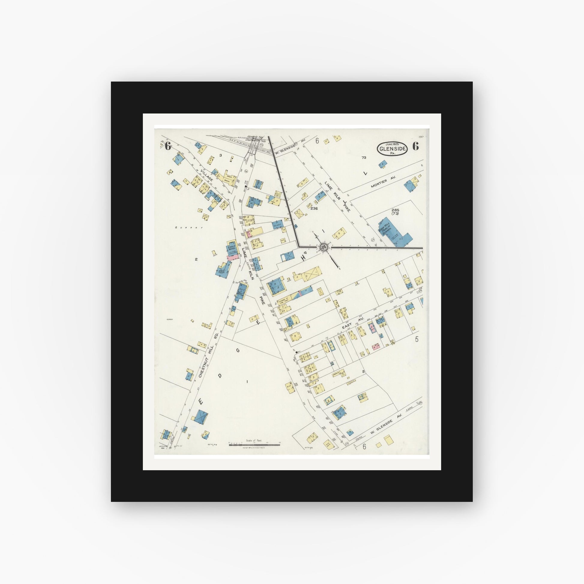Old map wall art mockup — black gallery frame with white mat — Sanborn Fire Insurance Map from Glenside, Montgomery County, Pennsylvania (1925), Sheet #0006