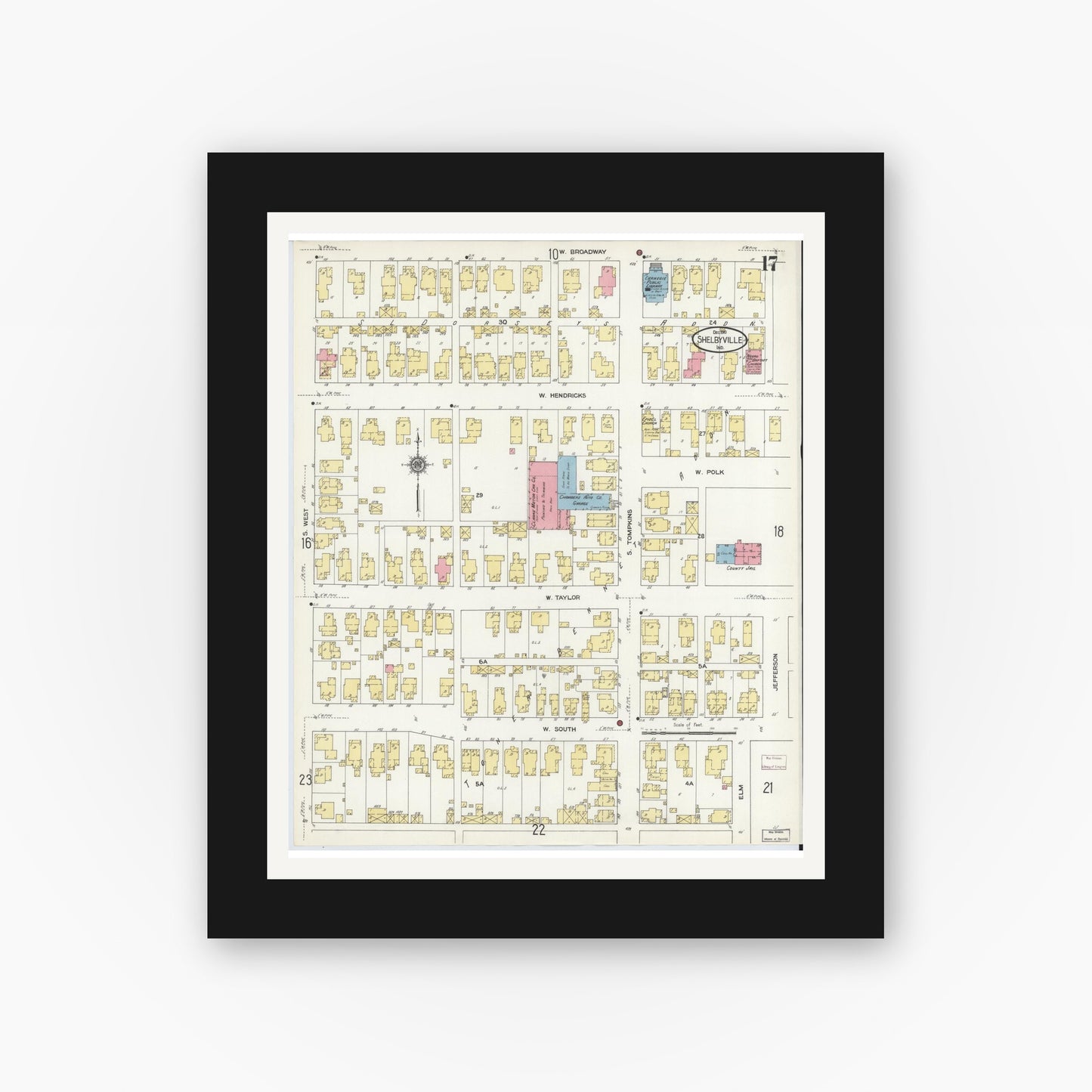 Old map wall art mockup — black gallery frame with white mat — Sanborn Fire Insurance Map from Shelbyville, Shelby County, Indiana (1910), Sheet #0017