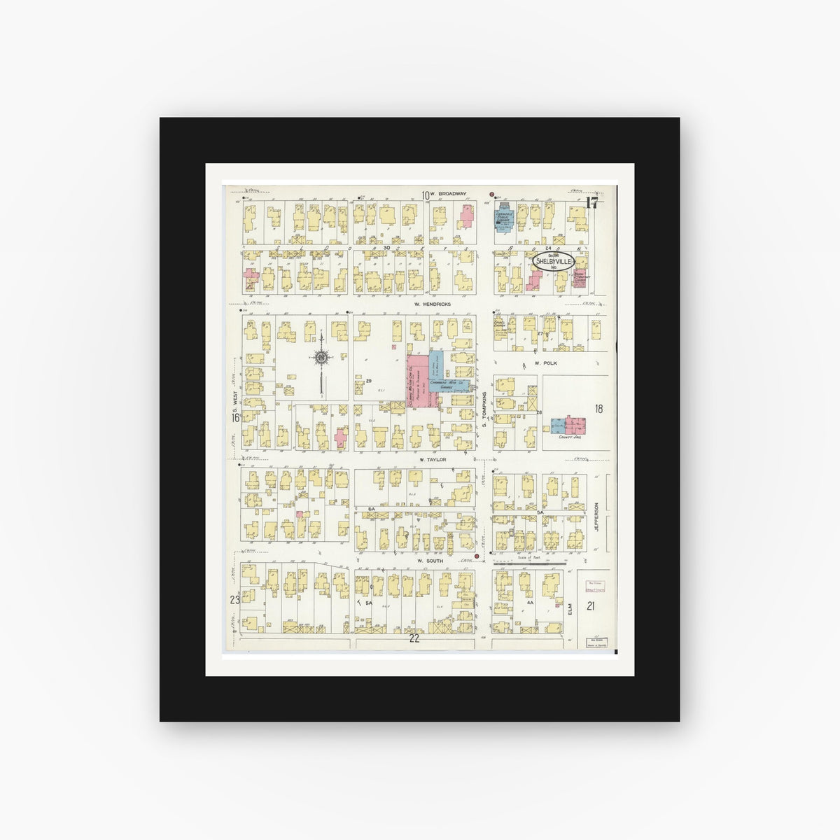 Old map wall art mockup — black gallery frame with white mat — Sanborn Fire Insurance Map from Shelbyville, Shelby County, Indiana (1910), Sheet #0017