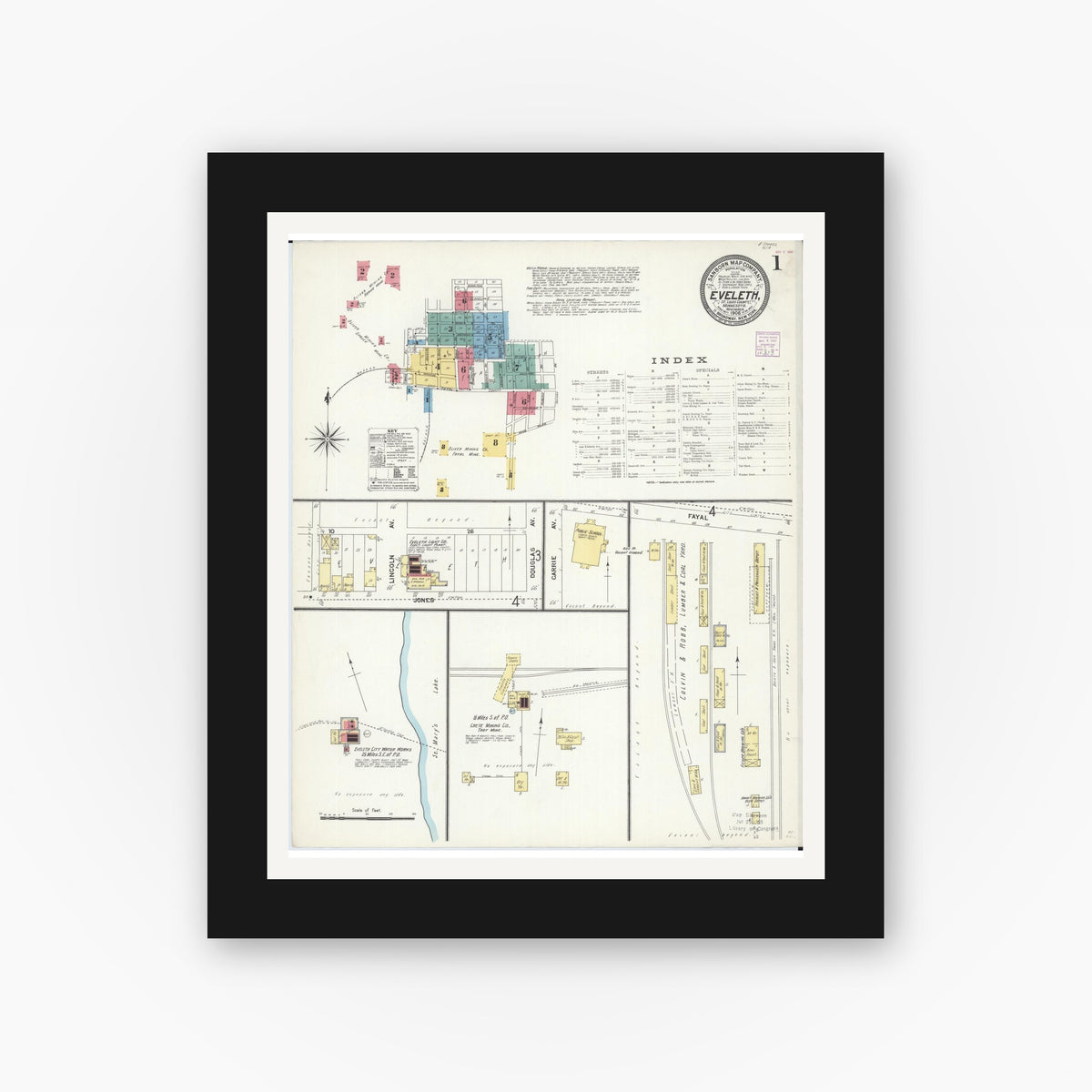 Old map wall art mockup — black gallery frame with white mat — Sanborn Fire Insurance Map from Eveleth, Saint Louis County, Minnesota (1906), Sheet #0001