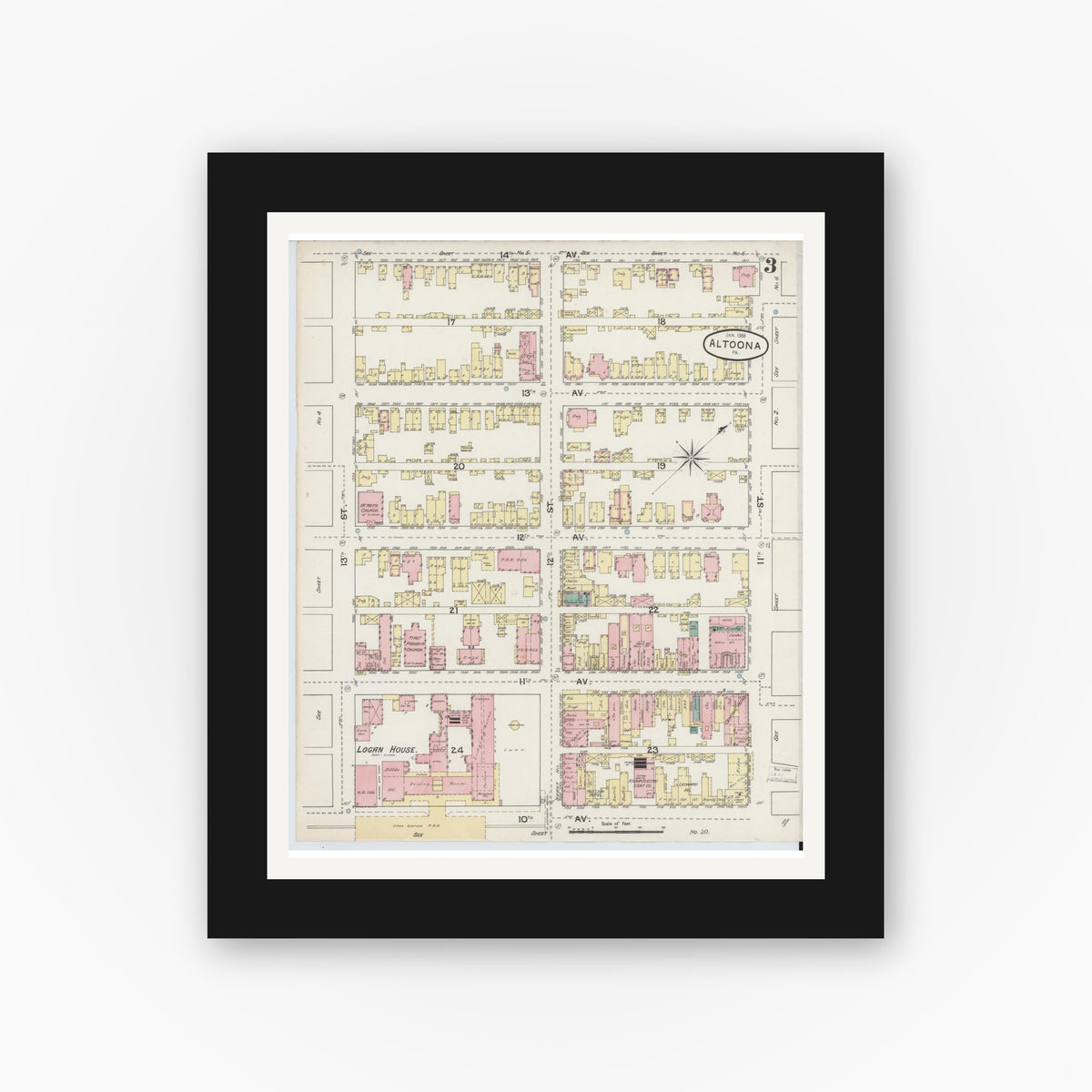 Old map wall art mockup — black gallery frame with white mat — Sanborn Fire Insurance Map from Altoona, Blair County, Pennsylvania (1888), Sheet #0003