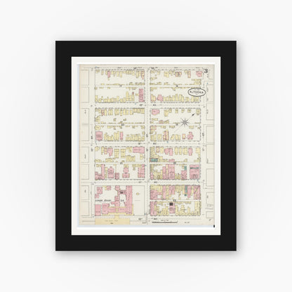 Old map wall art mockup — black gallery frame with white mat — Sanborn Fire Insurance Map from Altoona, Blair County, Pennsylvania (1888), Sheet #0003