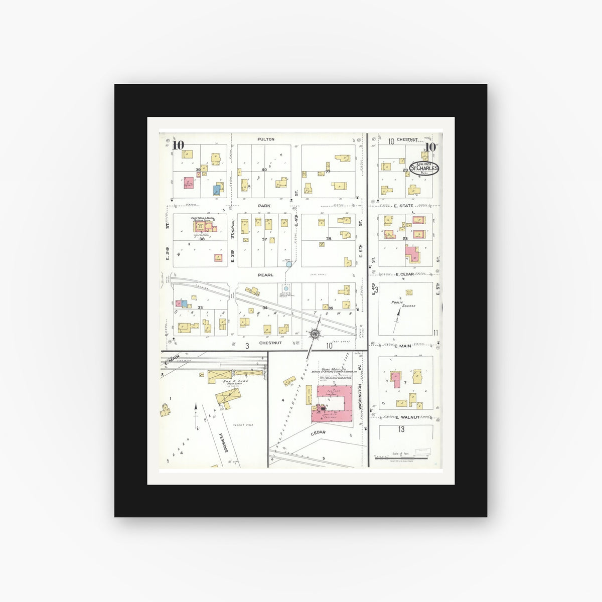 Old map wall art mockup — black gallery frame with white mat — Sanborn Fire Insurance Map from Saint Charles, Kane County, Illinois (1923), Sheet #0010