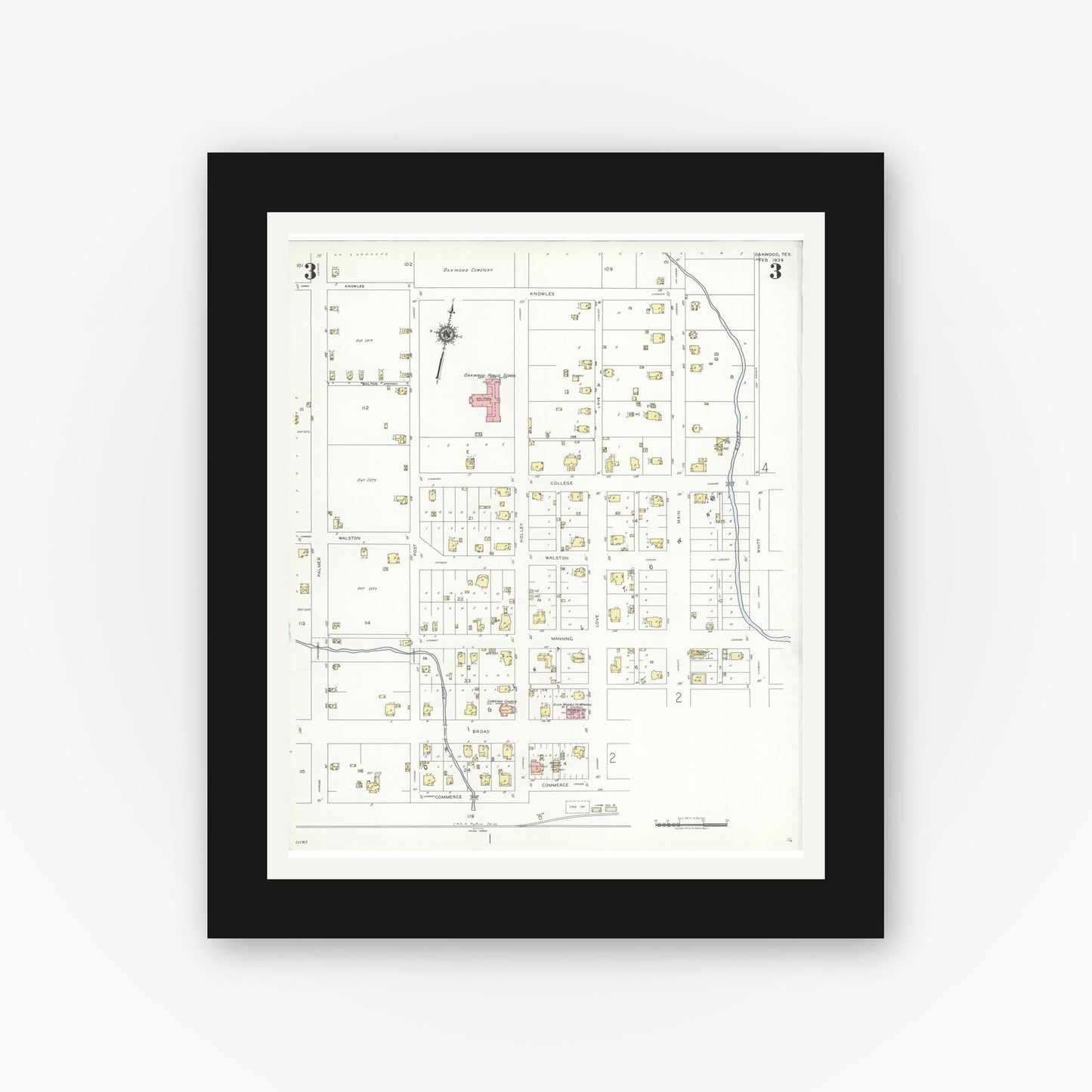Old map wall art mockup — black gallery frame with white mat — Sanborn Fire Insurance Map from Oakwood, Leon County, Texas (1939), Sheet #0003