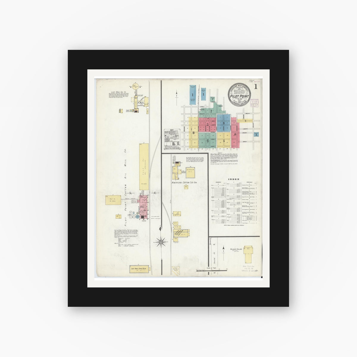 Old map wall art mockup — black gallery frame with white mat — Sanborn Fire Insurance Map from Pilot Point, Denton County, Texas (1907) - Complete Map Set