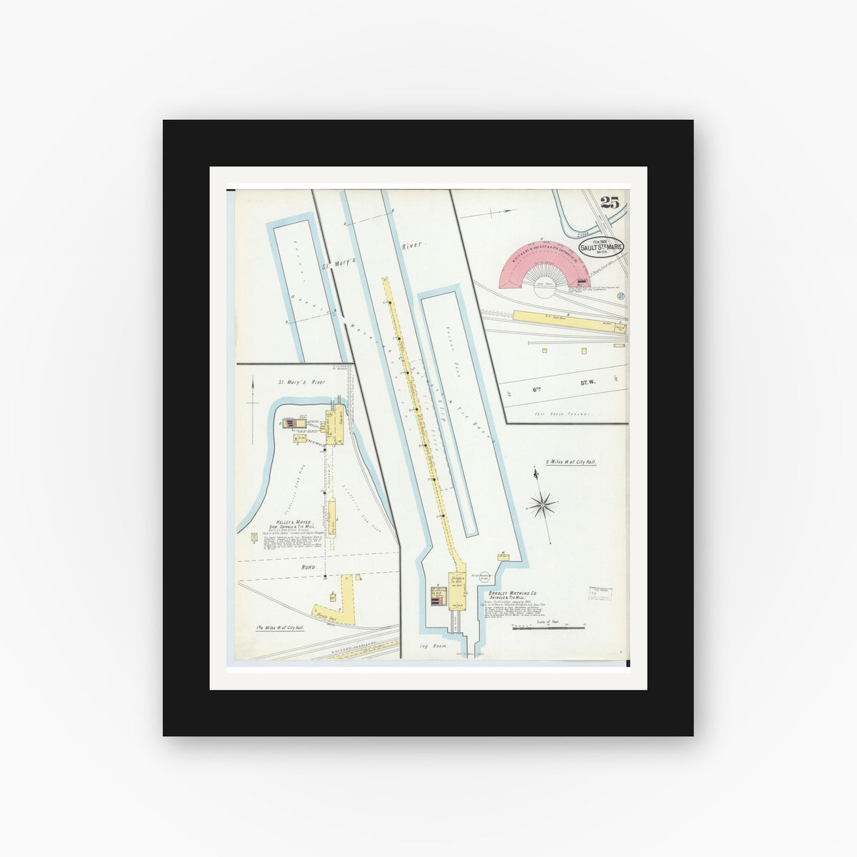 Old map wall art mockup — black gallery frame with white mat — Sanborn Fire Insurance Map from Sault Sainte Marie, Chippewa County, Michigan (1902), Sheet #0025
