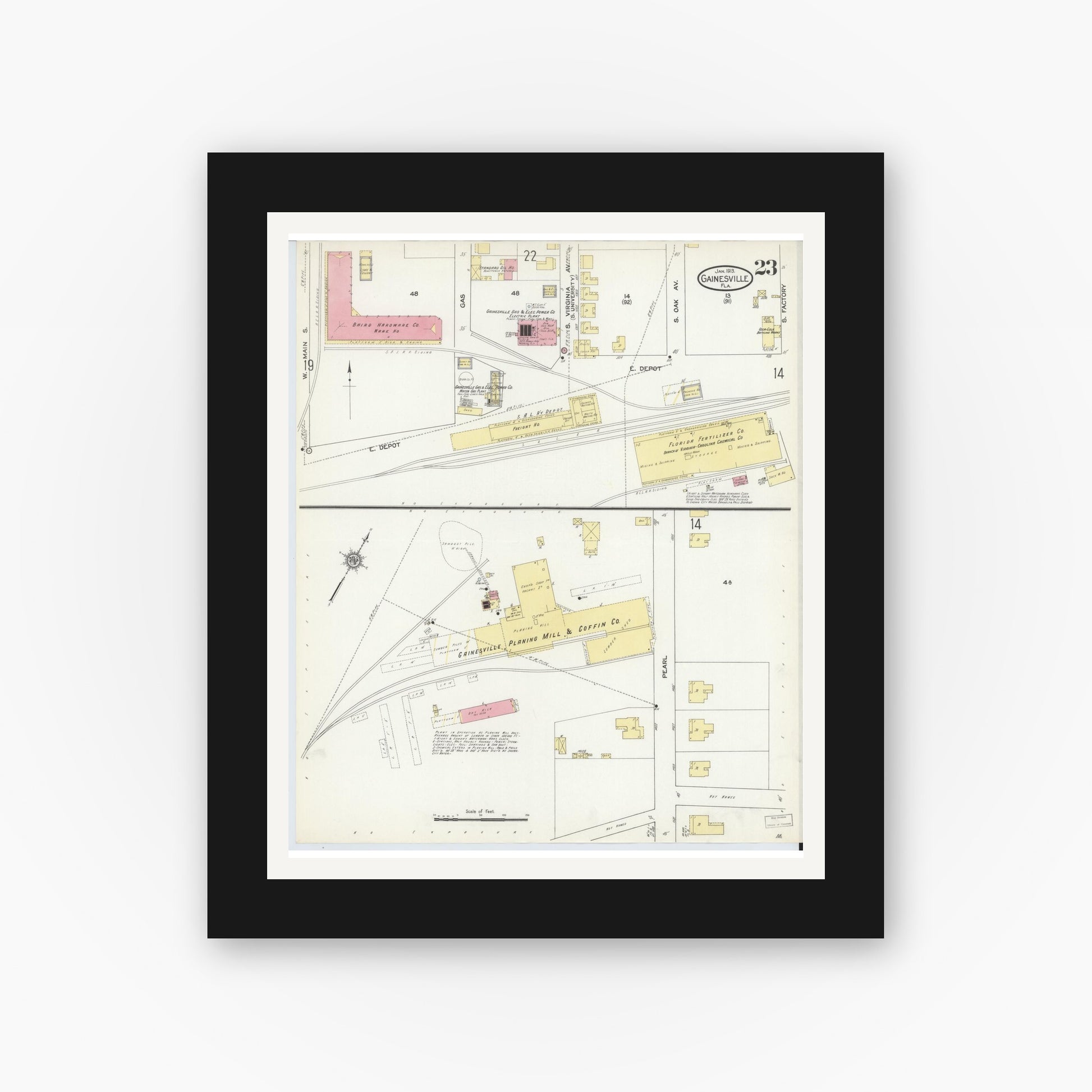 Old map wall art mockup — black gallery frame with white mat — Sanborn Fire Insurance Map from Gainesville, Alachua County, Florida (1913), Sheet #0023