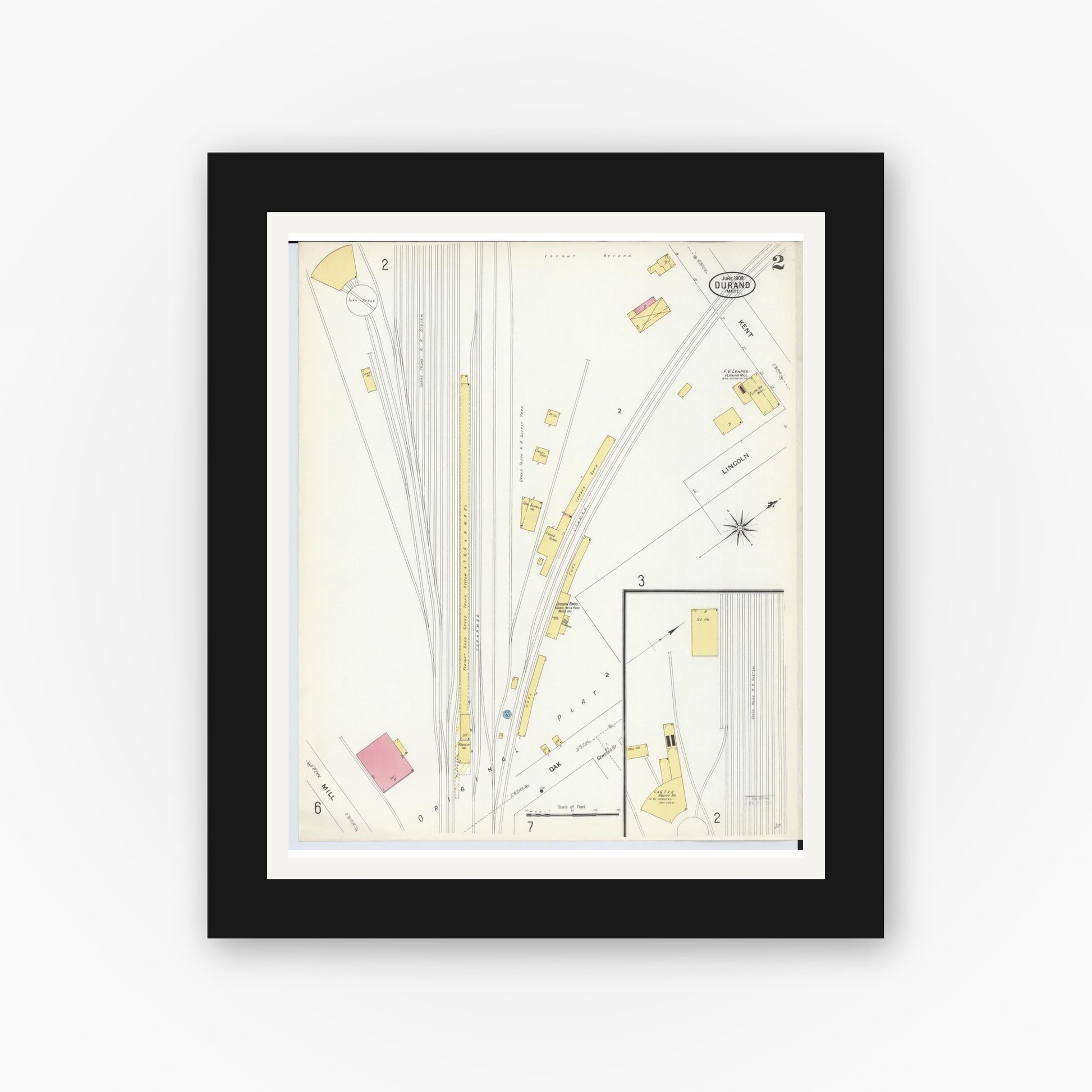 Old map wall art mockup — black gallery frame with white mat — Sanborn Fire Insurance Map from Durand, Shiawassee County, Michigan (1908), Sheet #0002
