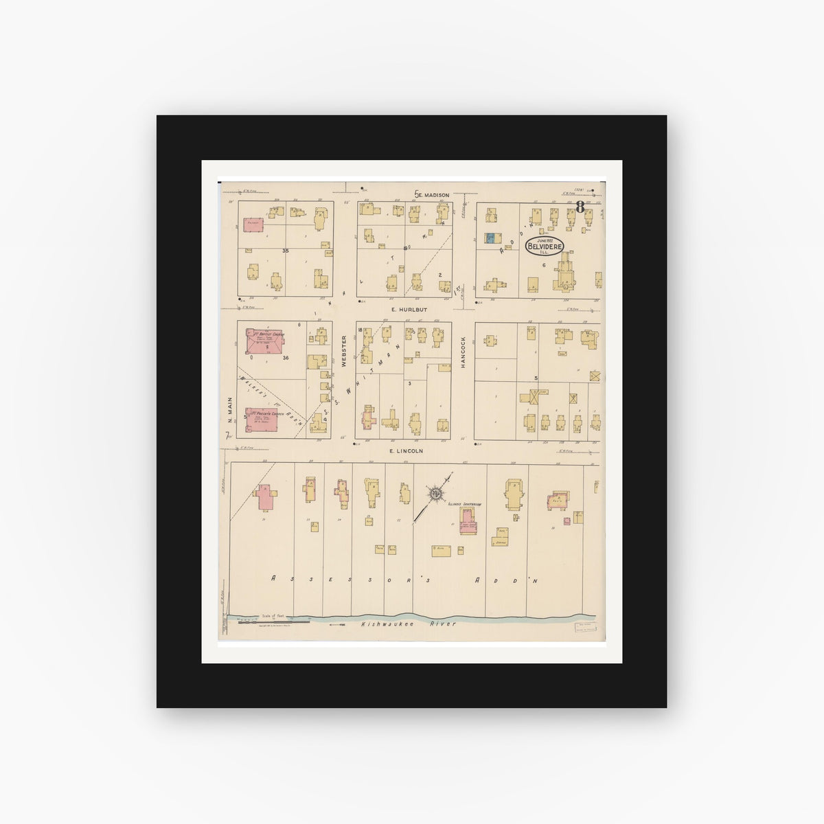 Old map wall art mockup — black gallery frame with white mat — Sanborn Fire Insurance Map from Belvidere, Boone County, Illinois (1922), Sheet #0008