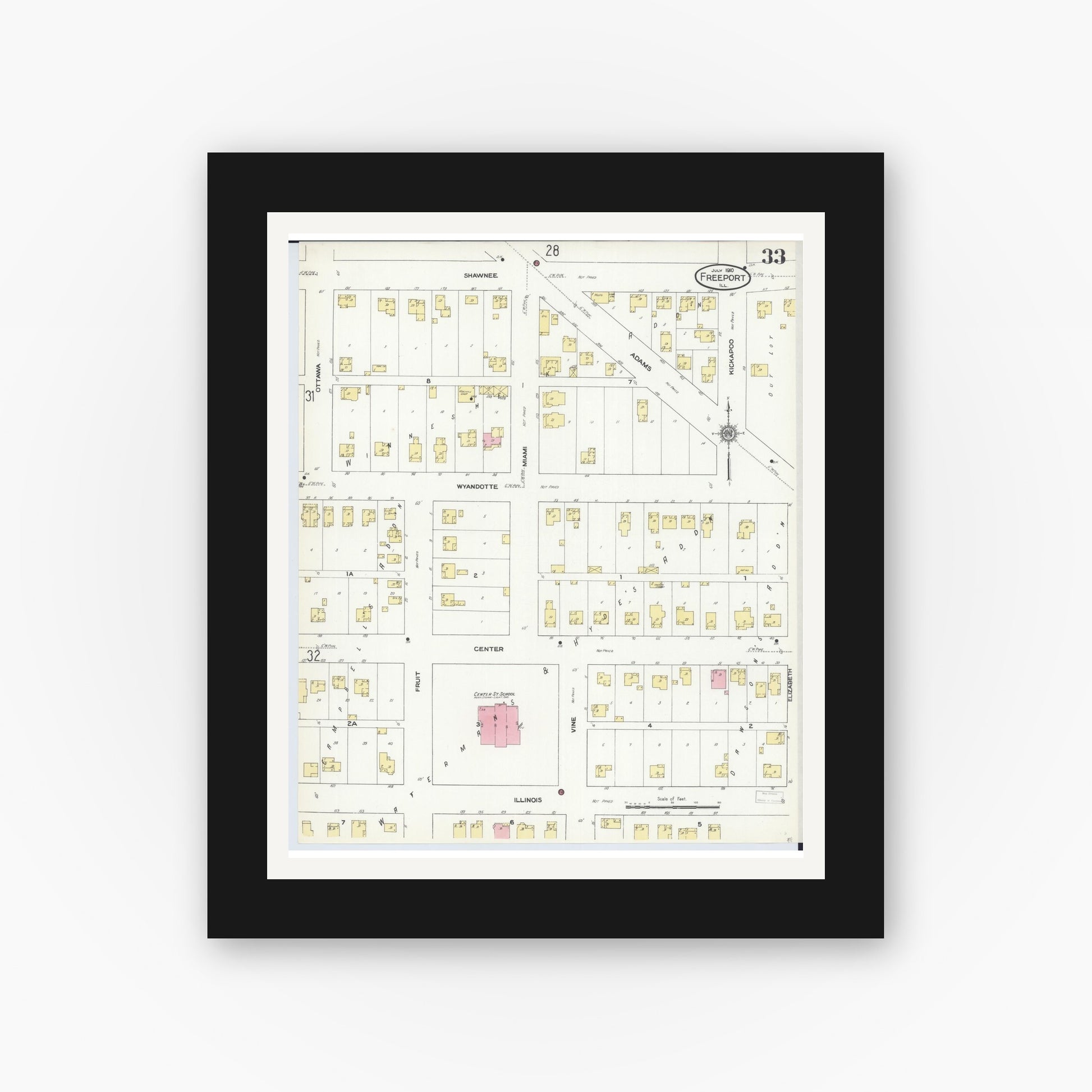 Old map wall art mockup — black gallery frame with white mat — Sanborn Fire Insurance Map from Freeport, Stephenson County, Illinois (1910), Sheet #0033