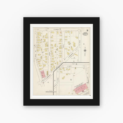 Old map wall art mockup — black gallery frame with white mat — Sanborn Fire Insurance Map from Corry, Erie County, Pennsylvania (1915), Sheet #0009