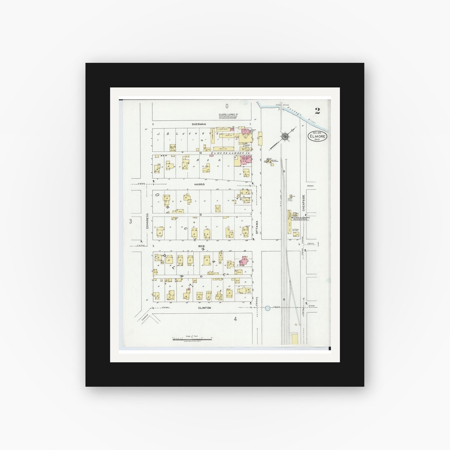 Old map wall art mockup — black gallery frame with white mat — Sanborn Fire Insurance Map from Elmore, Ottawa County, Ohio (1920), Sheet #0002