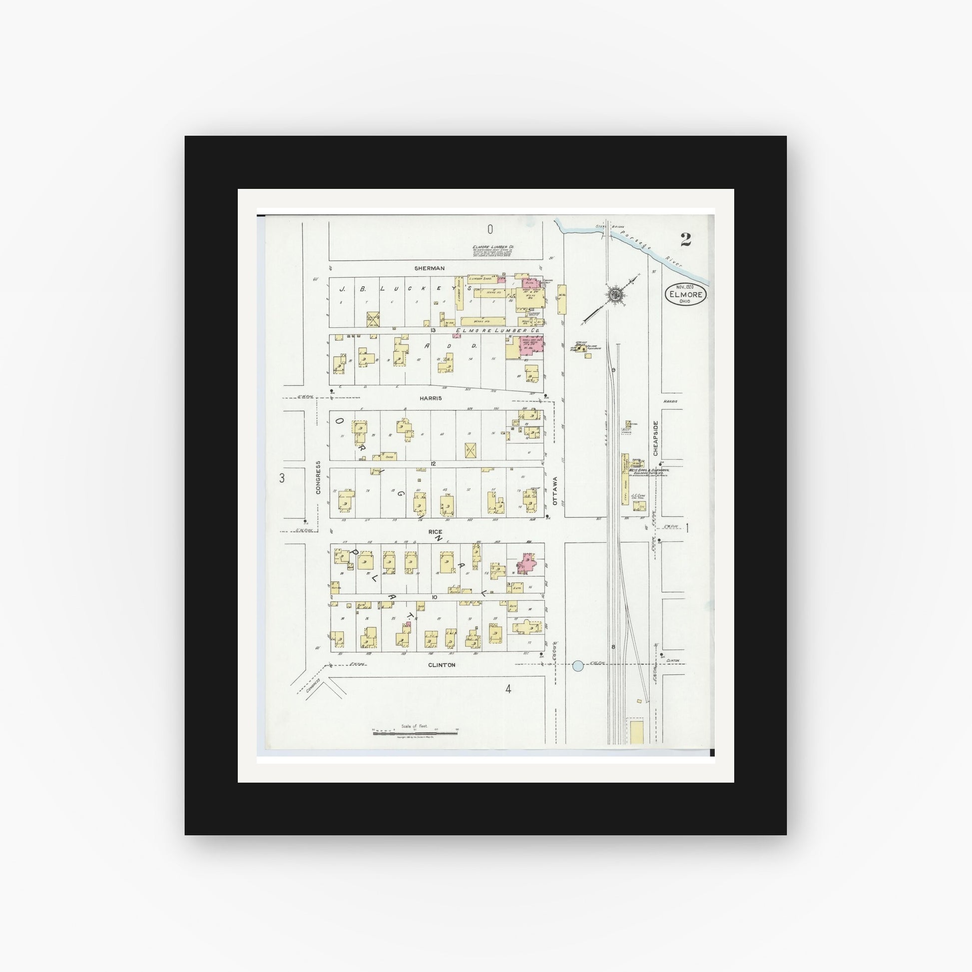 Old map wall art mockup — black gallery frame with white mat — Sanborn Fire Insurance Map from Elmore, Ottawa County, Ohio (1920), Sheet #0002