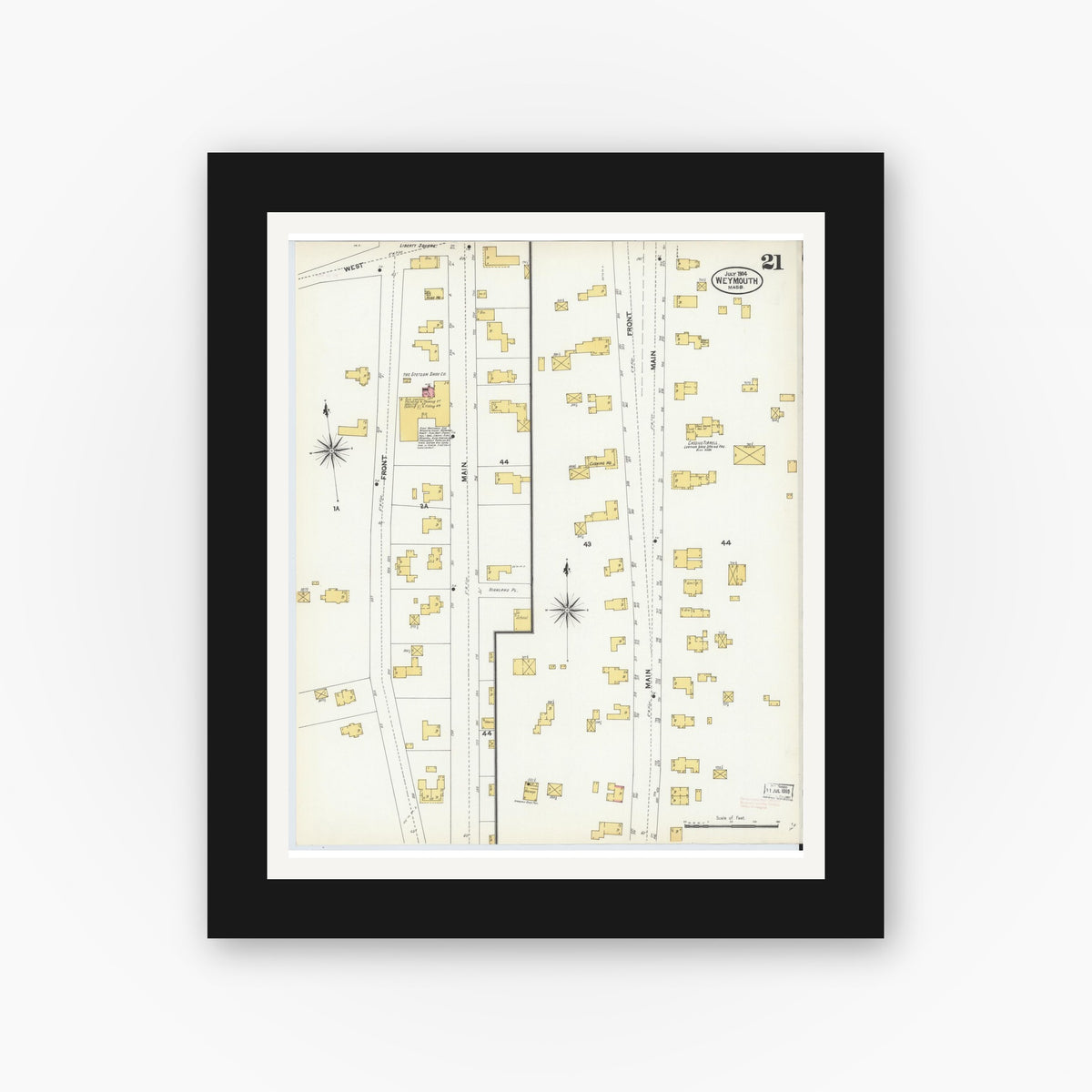 Old map wall art mockup — black gallery frame with white mat — Sanborn Fire Insurance Map from Weymouth, Norfolk County, Massachusetts (1904), Sheet #0021