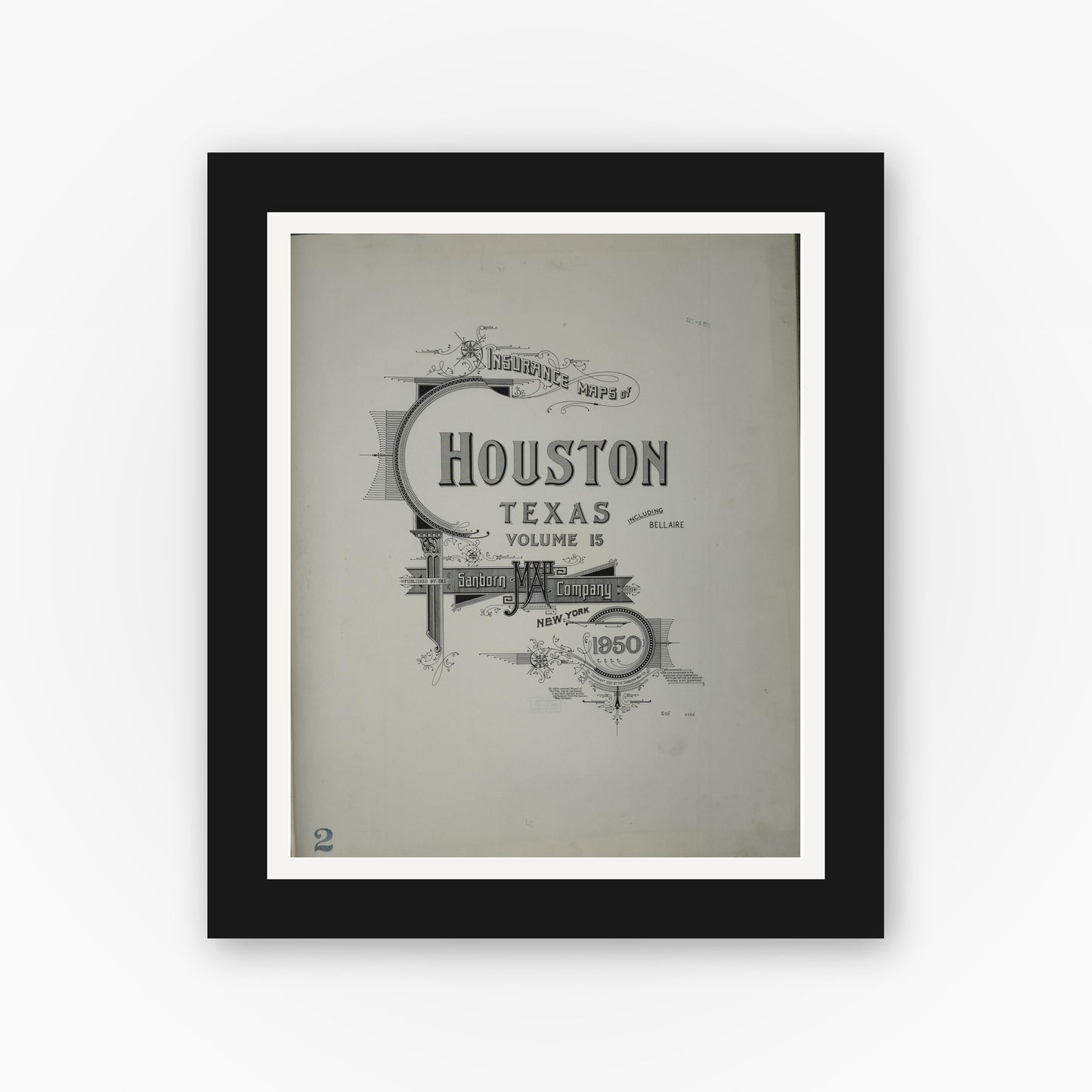 Old map wall art mockup — black gallery frame with white mat — Sanborn Fire Insurance Map from Houston, Harris County, Texas (1950), Sheet #0001