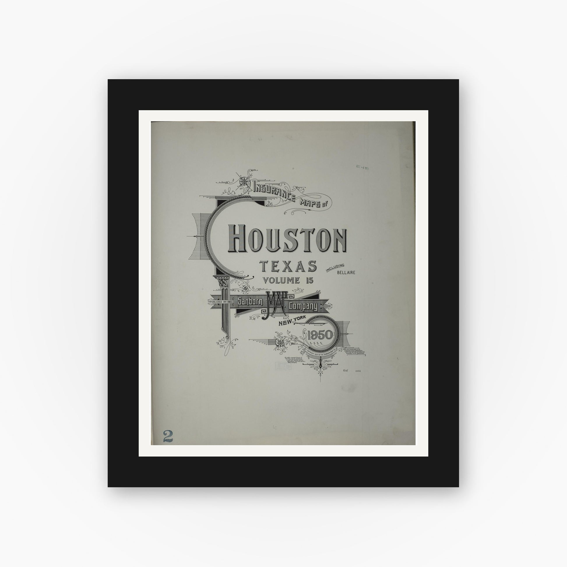 Old map wall art mockup — black gallery frame with white mat — Sanborn Fire Insurance Map from Houston, Harris County, Texas (1950), Sheet #0001