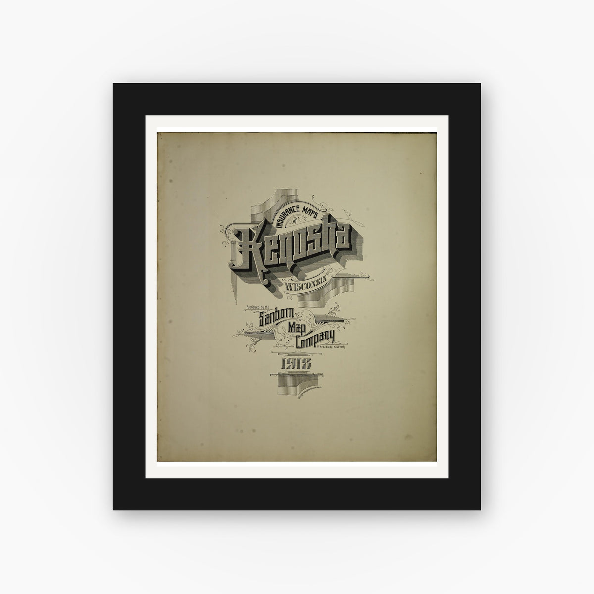 Old map wall art mockup — black gallery frame with white mat — Sanborn Fire Insurance Map from Kenosha, Kenosha County, Wisconsin. (1918), Sheet 1