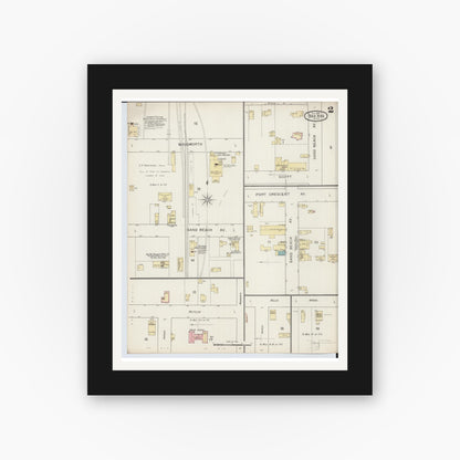 Old map wall art mockup — black gallery frame with white mat — Sanborn Fire Insurance Map from Bad Axe, Huron County, Michigan (1893), Sheet #0002