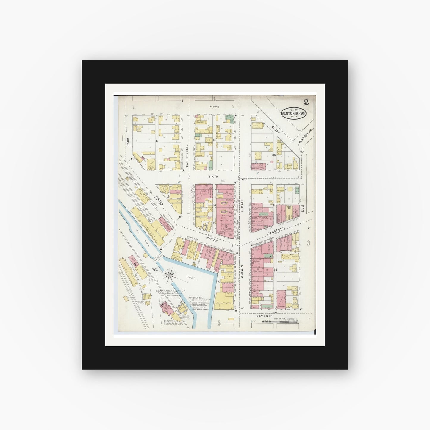 Old map wall art mockup — black gallery frame with white mat — Sanborn Fire Insurance Map from Benton Harbor, Berrien County, Michigan (1895), Sheet #0002