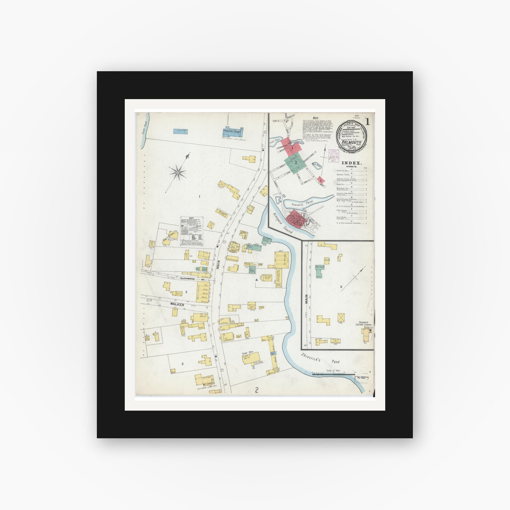Old map wall art mockup — black gallery frame with white mat — Sanborn Fire Insurance Map from Falmouth, Barnstable County, Massachusetts (1901), Sheet #0001