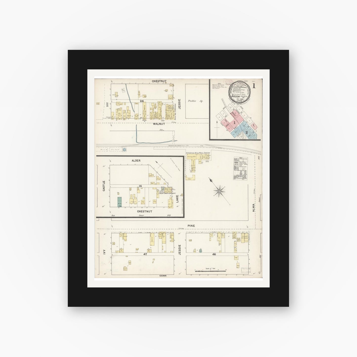Old map wall art mockup — black gallery frame with white mat — Sanborn Fire Insurance Map from Sisson, Siskiyou County, California (1889) - Complete Map Set